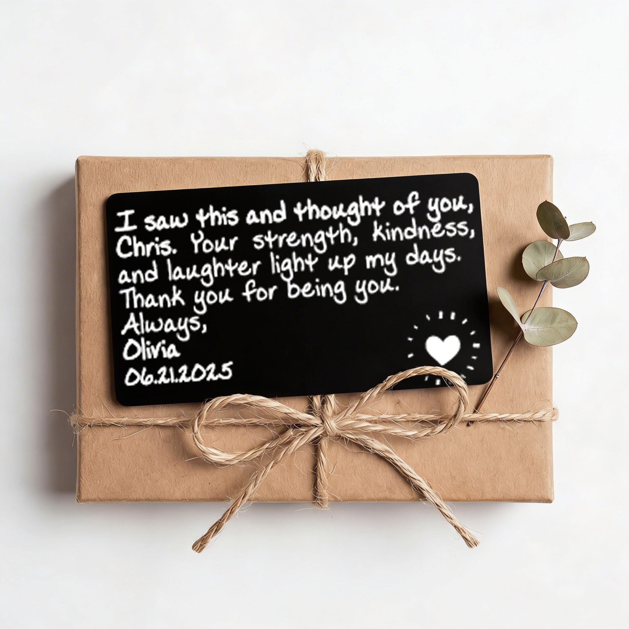 Custom engraved wallet card with personalized love note