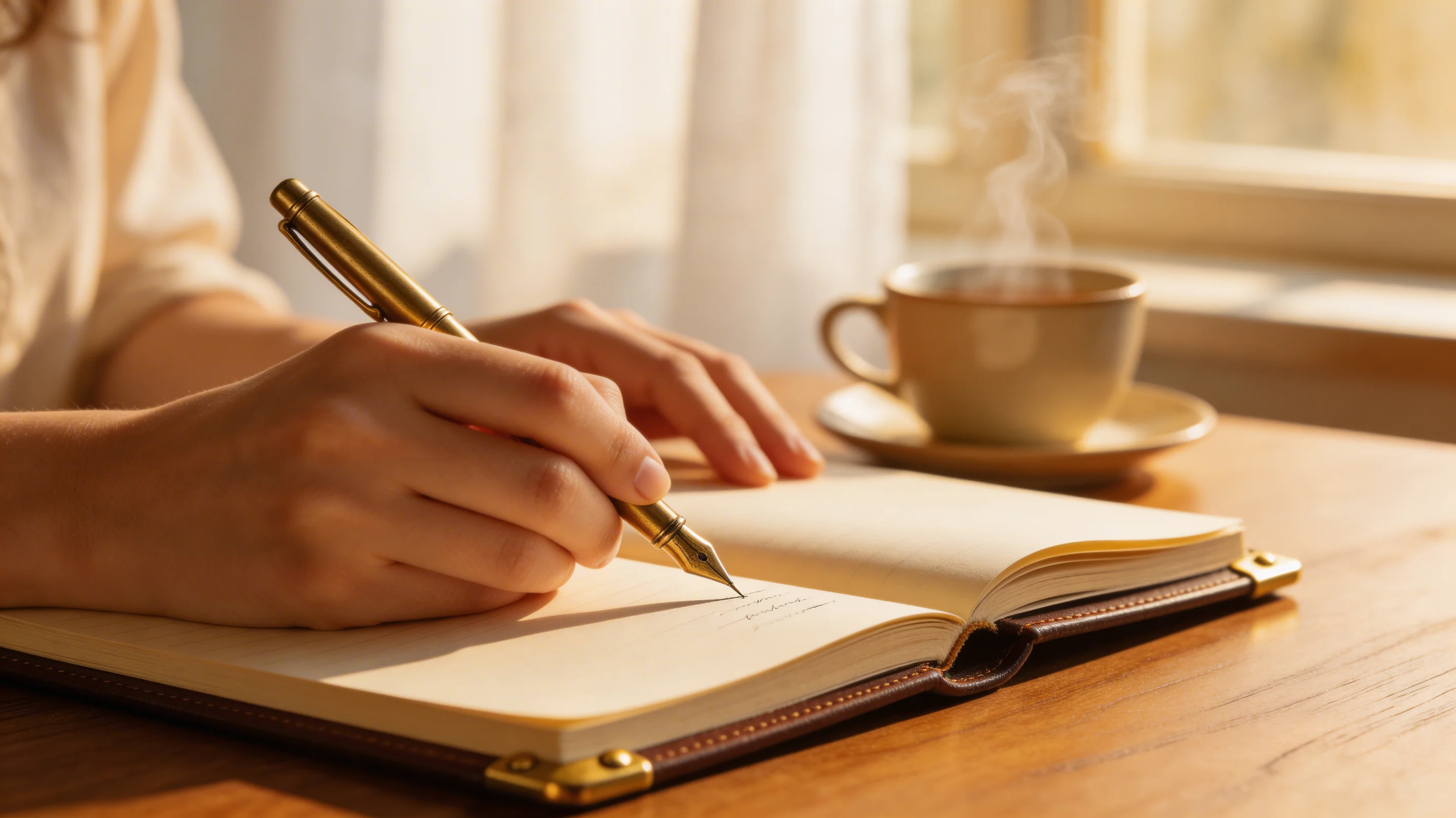 What to write on a wallet card - a woman writing in a leather journal